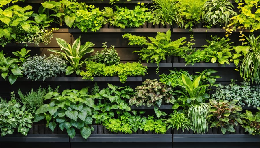 Multi-level vertical garden structure with climbing vegetables, herbs, and trailing plants growing together
