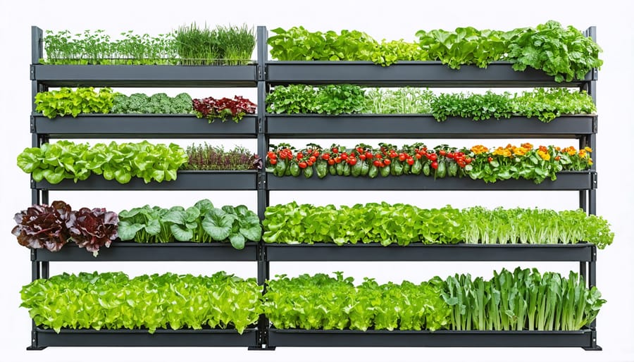 Vertical gardening system with climbing vegetables and space-saving containers