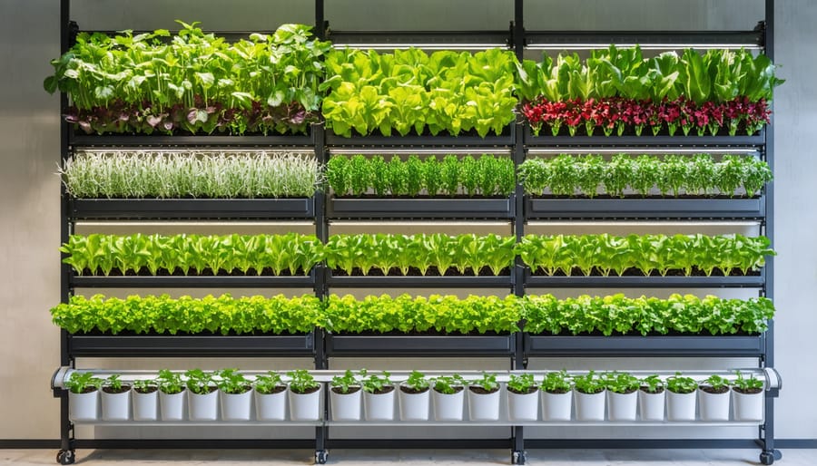 Urban vertical garden setup with self-watering system growing lettuce, herbs, and compact vegetables