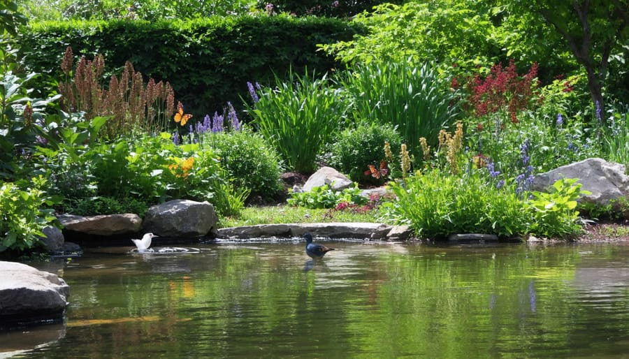Wildlife-friendly garden with pond, flowering plants, and various bird species