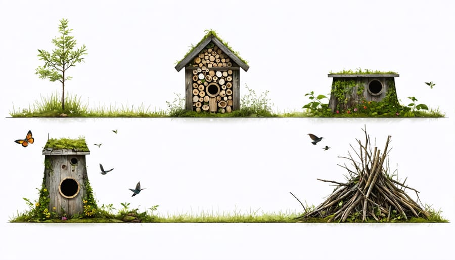 Various wildlife shelter options including insect hotel and bird nesting boxes