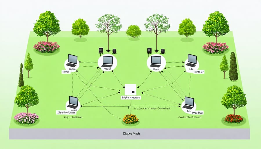 Diagram illustrating how Zigbee devices form a mesh network across a garden