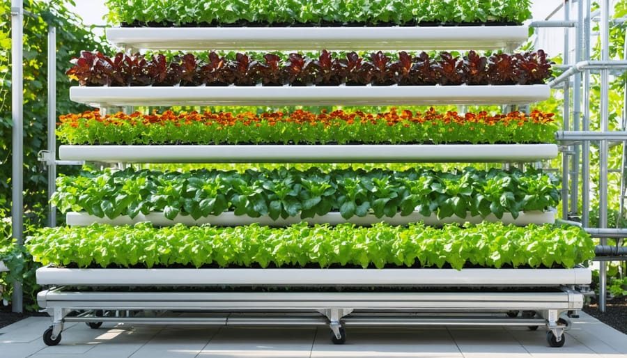 Multi-tiered outdoor hydroponic garden system with various vegetables and herbs growing under natural sunlight, highlighting PVC piping and nutrient control in a sustainable backyard setting.