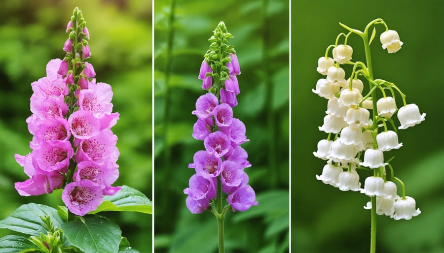 Composite image featuring toxic ornamental plants: vibrant oleander, towering foxglove, and delicate lily of the valley, nestled in lush garden scenery to highlight their aesthetic appeal and inherent risks.