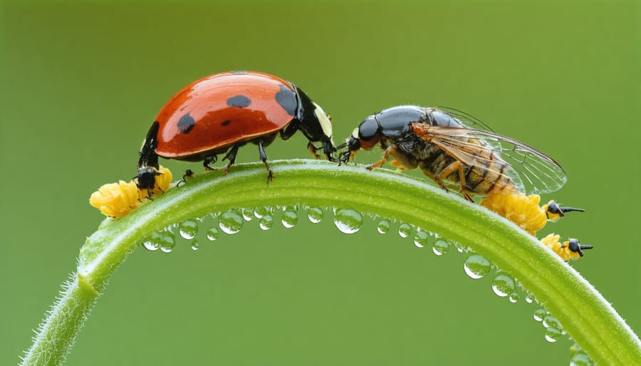 Beneficial insects naturally controlling aphid populations on a garden plant