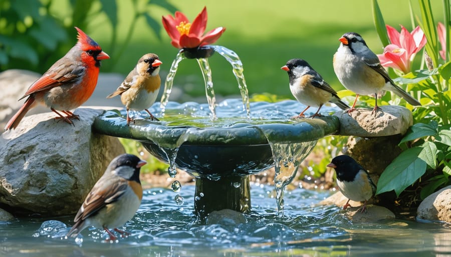 A lush garden scene with diverse bird species, including chickadees and cardinals, enjoying a multi-tiered water feature that showcases varying depths and natural stone perches, with sunlight reflecting in the water.