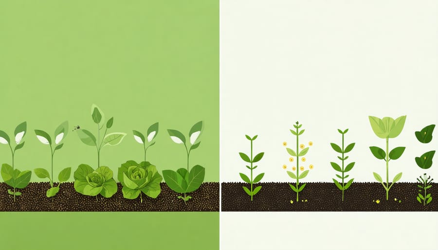 Side-by-side comparison of diverse companion planted garden versus single-crop garden with pest damage