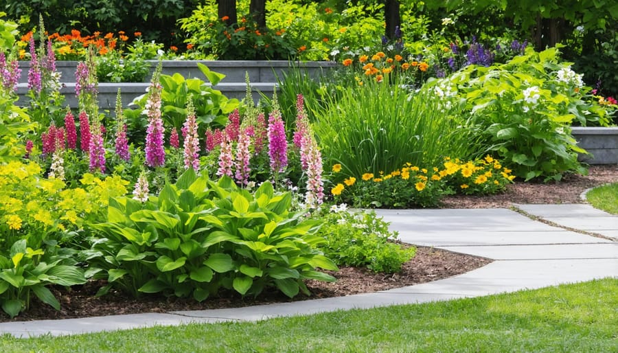 Beautiful garden arrangement demonstrating companion planting with purple coneflowers, salvias, and native grasses