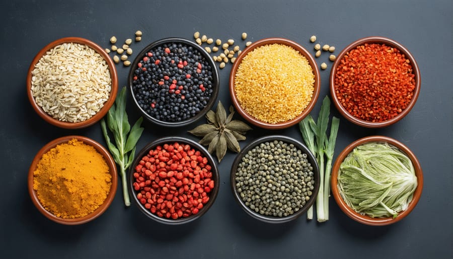Assorted culinary seeds displayed in ceramic bowls showing different colors and textures