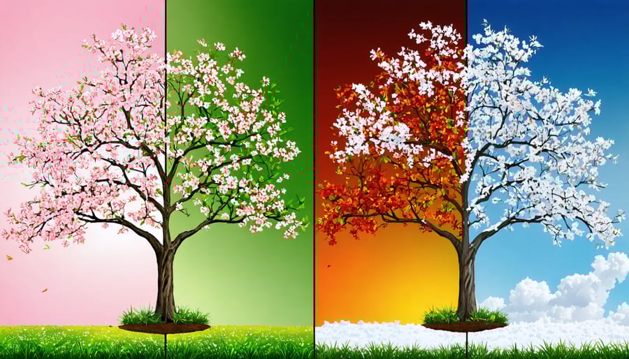 Split panel image of a single tree exhibiting seasonal transformations from spring blossoms to summer greenery, vivid autumn colors, and winter's bare and snowy branches.