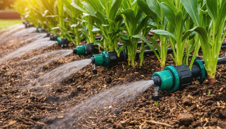 Drip irrigation emitters delivering water directly to plant roots through mulch layer