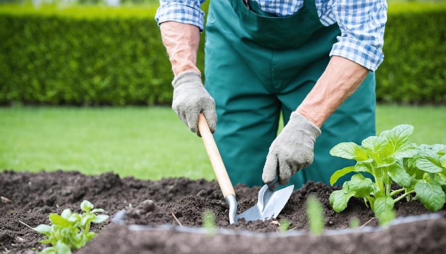 Elderly person demonstrating proper use of an ergonomic garden tool with extended handle