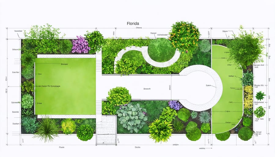 Landscape design diagram showing different microclimates and plant zones in a Florida yard