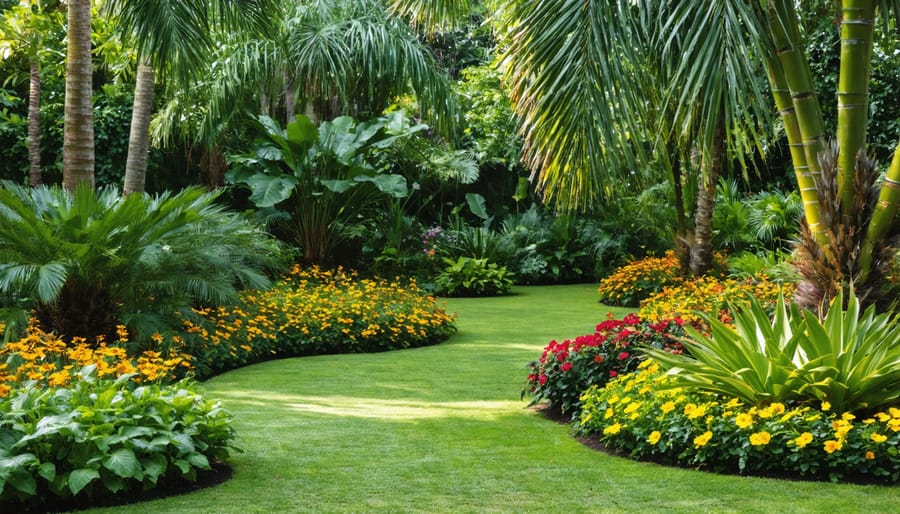 Multi-layered Florida native garden showing ground covers, flowering plants, and palm trees