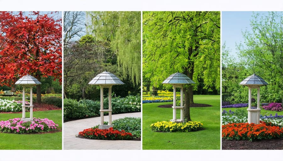 Four-season comparison of a cold climate garden showing different growing conditions and protective measures throughout the year