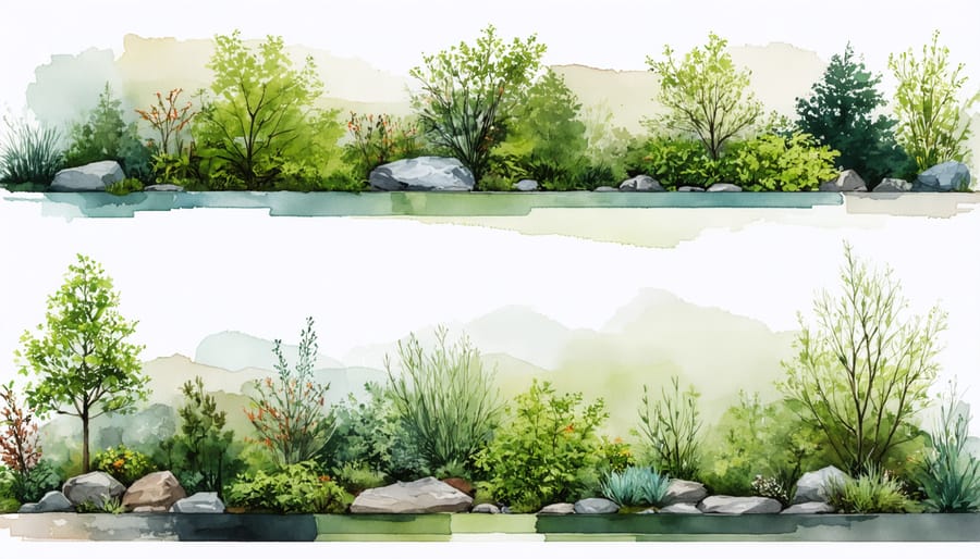 Four-season native garden design with multiple plant layers and textures