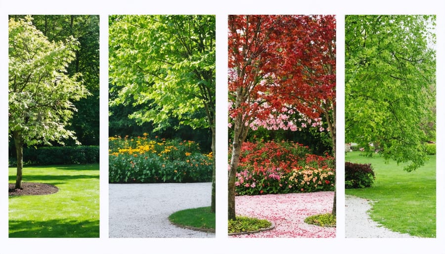 Four-panel comparison of a garden throughout spring, summer, fall, and winter seasons