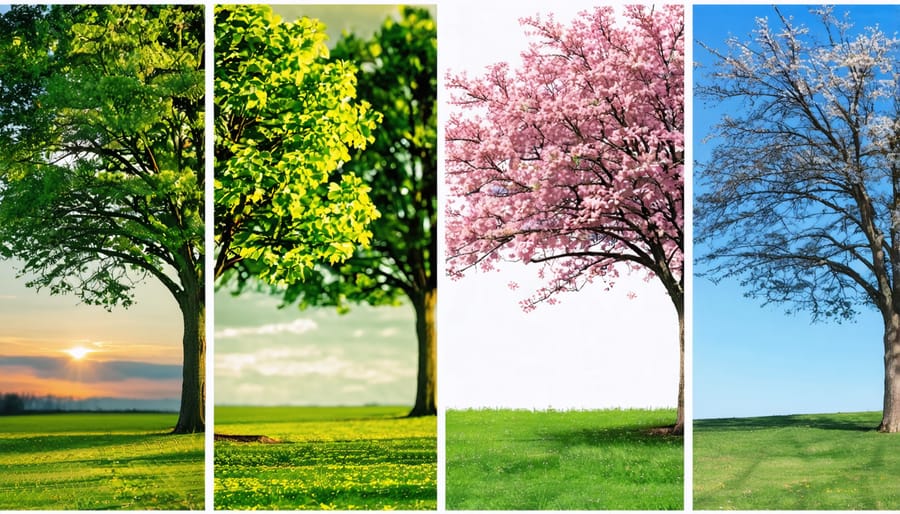 Four-panel comparison of a maple tree showing seasonal changes from spring blossoms to summer foliage to fall colors to winter silhouette