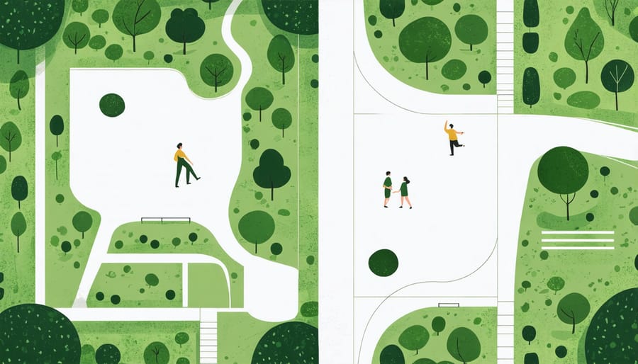 Overhead view of garden layout showing exercise zones, paths, and activity areas