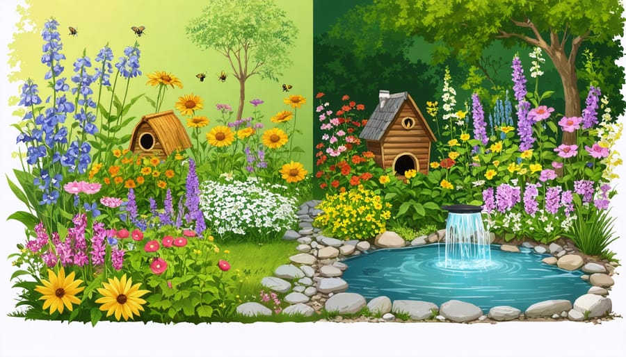 A split-view image comparing a traditional garden with a pollinator-friendly garden featuring native flowers, a smart irrigation system, a bee hotel, and a pebble-filled water source.