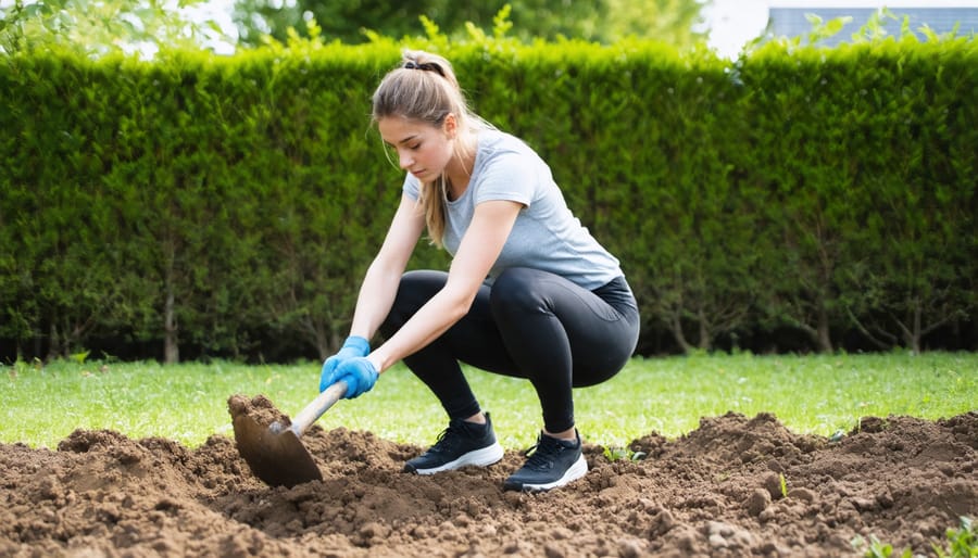 Gardener demonstrating proper form while digging, showing how gardening provides natural resistance training