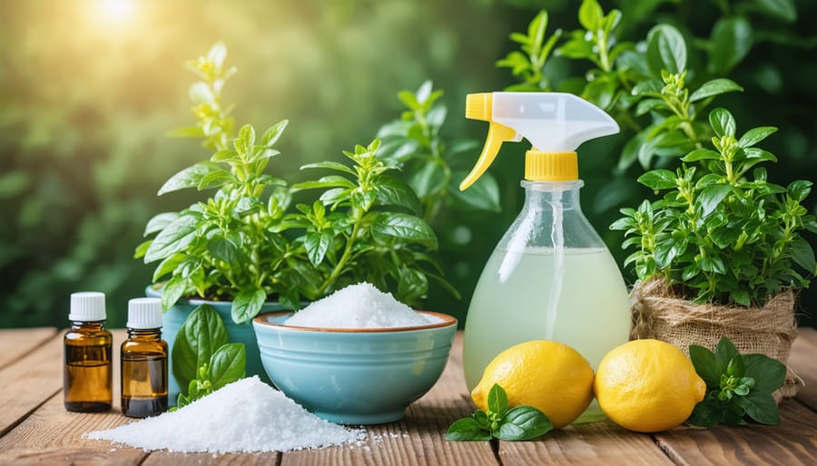 A display of garden-friendly cleaning supplies including a spray bottle, baking soda, lemons, essential oils, and a potted plant on a wooden table with greenery in the background.