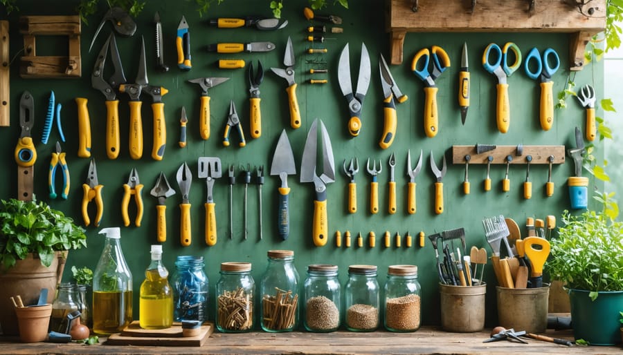 A carefully arranged workbench displaying gardening tools such as pruners and trowels, alongside repair supplies like linseed oil and wire brushes. The image captures the act of tool restoration with tools gleaming and ready for use against a backdrop of a flourishing garden.