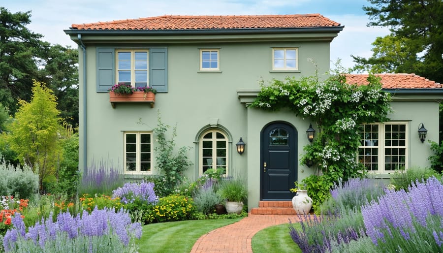 A house with a soft sage-green façade and terracotta details, surrounded by lush flower-filled gardens, illustrating the seamless blend of architectural design with natural surroundings.