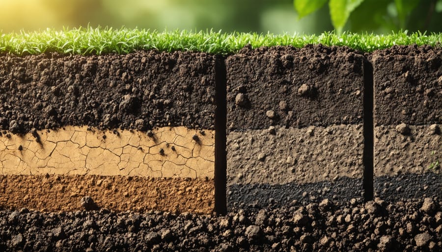 Layered soil profile showing rich dark topsoil with organic matter, root systems, and visible soil structure