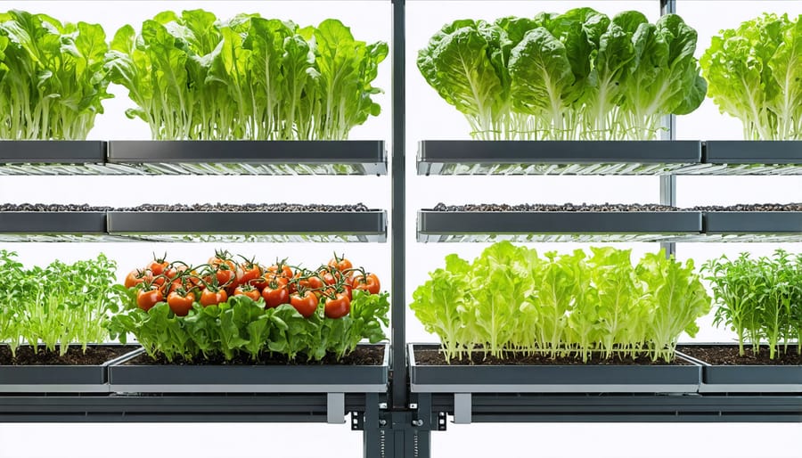 Different types of vegetables and herbs thriving in an outdoor hydroponic garden