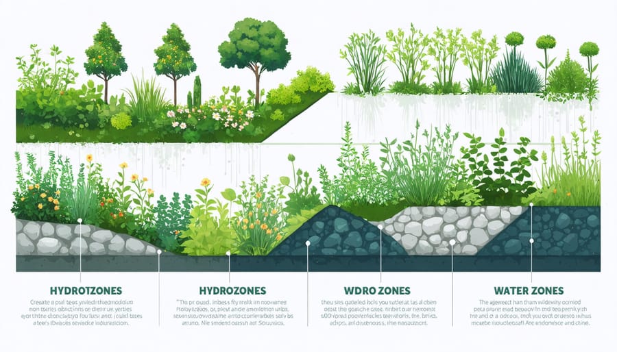 Color-coded landscape plan showing different water usage zones and plant groupings