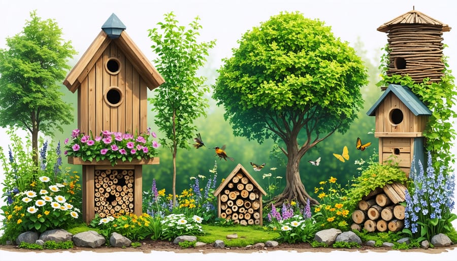 Various wildlife shelter options naturally integrated into garden landscape