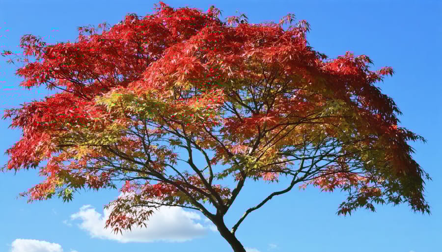 Japanese Maple tree displaying brilliant red fall colors with sunlight filtering through the leaves