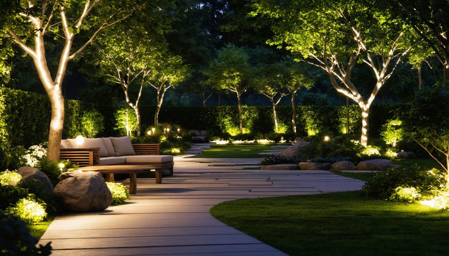 Garden at night illuminated with various lighting techniques including pathway lights and uplighting