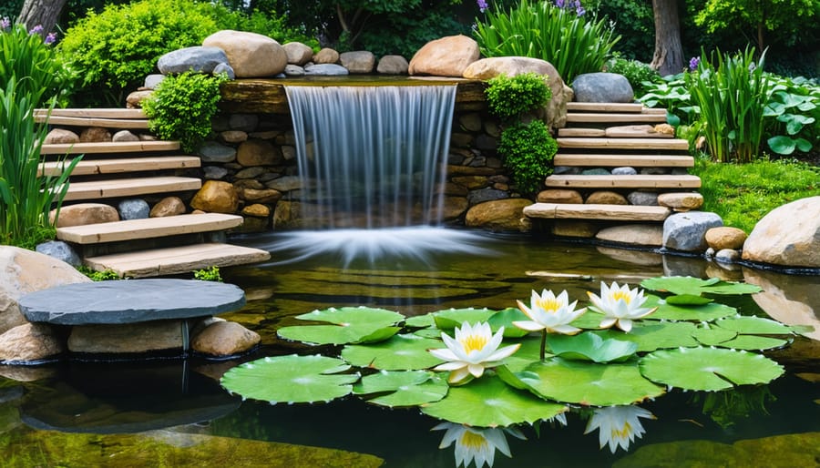 Tranquil garden water feature with stone waterfall and meditation bench