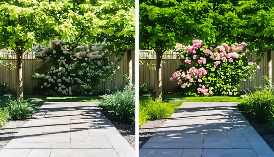 Split image demonstrating microclimate differences in a single garden space