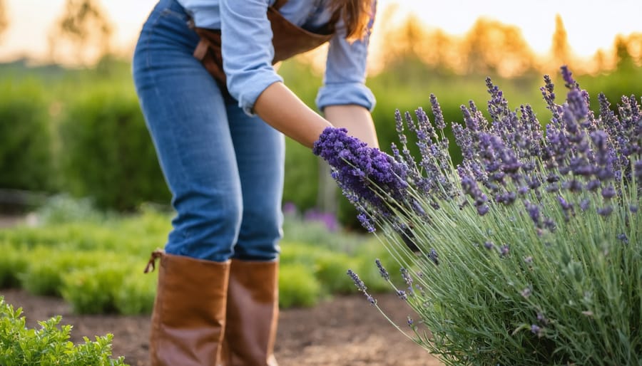 Gardener mindfully tending to lavender plants in evening light