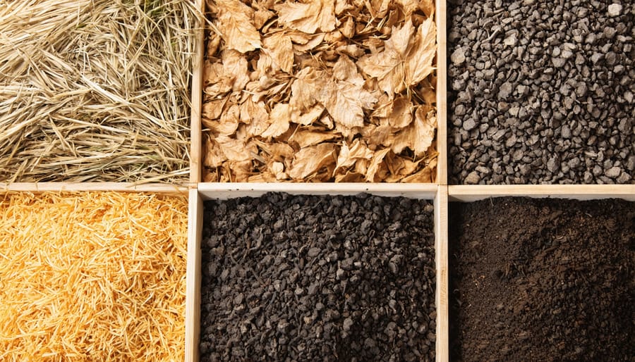 Various types of garden mulch materials displayed for comparison