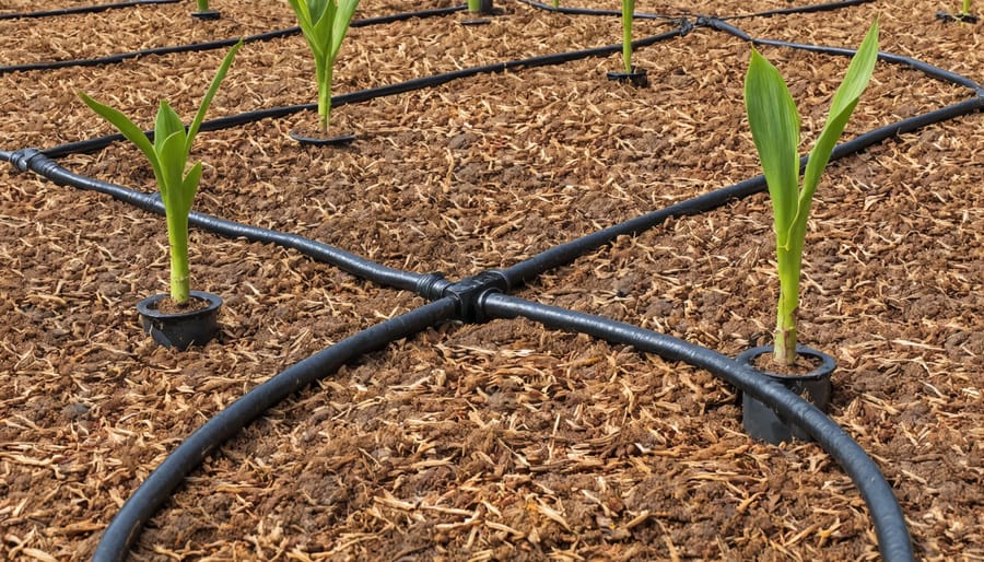 Close-up view of efficient drip irrigation tubing covered with organic mulch among flowering plants