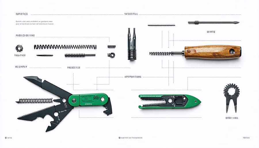 Technical diagram showing the internal mechanisms and components of a garden multi-tool
