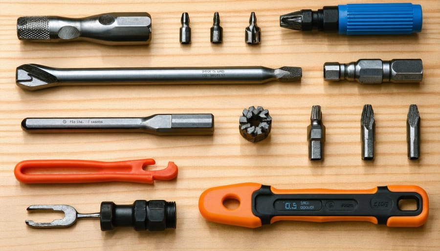 Array of garden multi-tool attachments including pruners, trowels, and cultivator heads