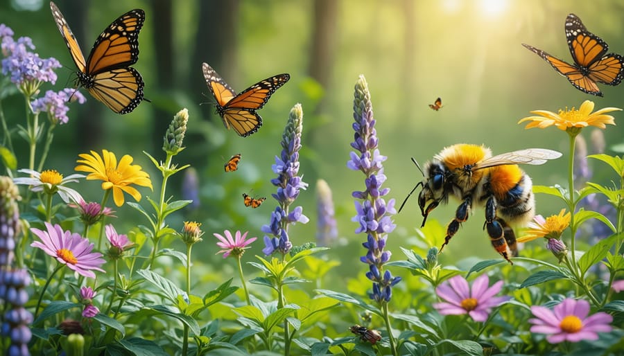 Native garden bed with colorful flowers attracting butterflies and bees