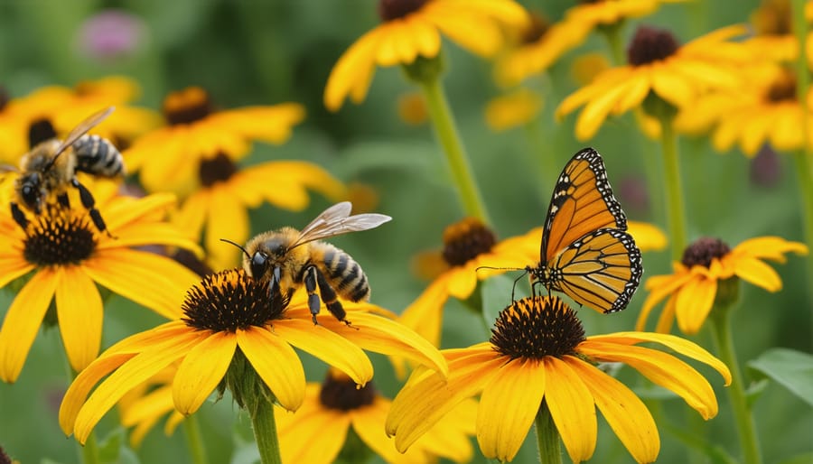 Multiple pollinators gathering nectar from native wildflowers in a garden setting