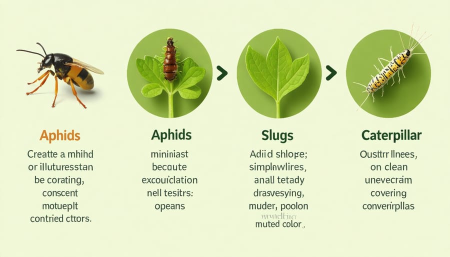 Visual guide showing natural pest control methods for aphids, slugs, and caterpillars