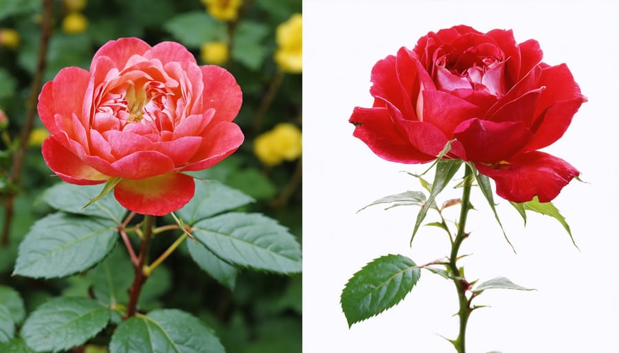 Comparison between healthy blooming roses and roses affected by common plant diseases