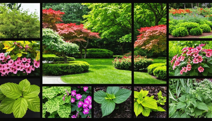 A collage of various ornamental plants featuring vibrant flowering perennials, decorative shrubs, and striking foliage plants, showcasing different textures, colors, and growth patterns in a garden setting.