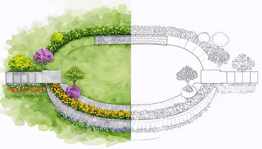 Before and after comparison of a garden transformed into a pollinator-friendly corridor with flowering paths