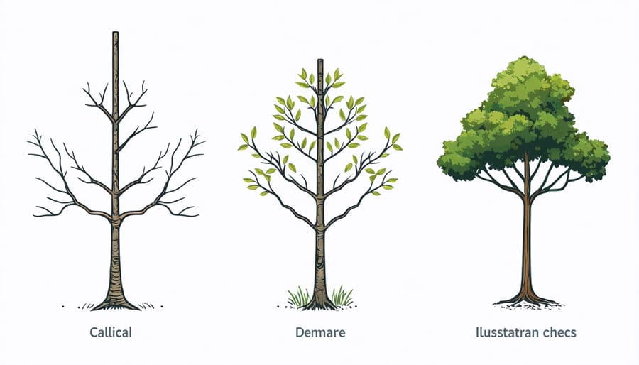 Illustrated diagram demonstrating thinning, reduction, and heading cuts on tree branches