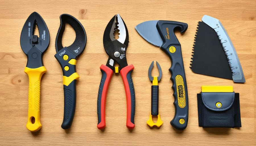 Essential tree pruning tools and safety equipment display including pruning shears, loppers, protective gloves, and safety goggles