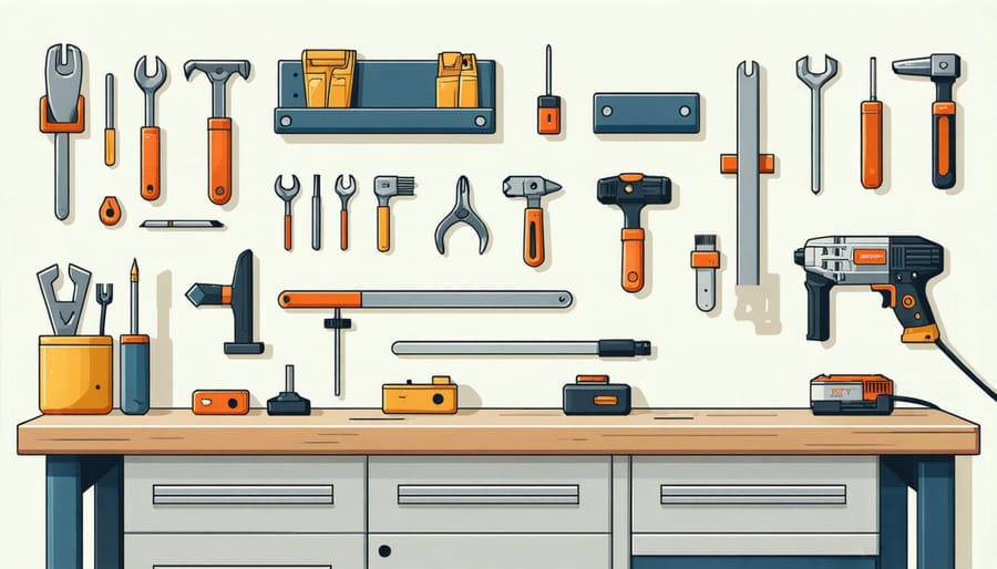 Overhead view of organized repair supplies including sandpaper, oil, replacement parts, and basic tools